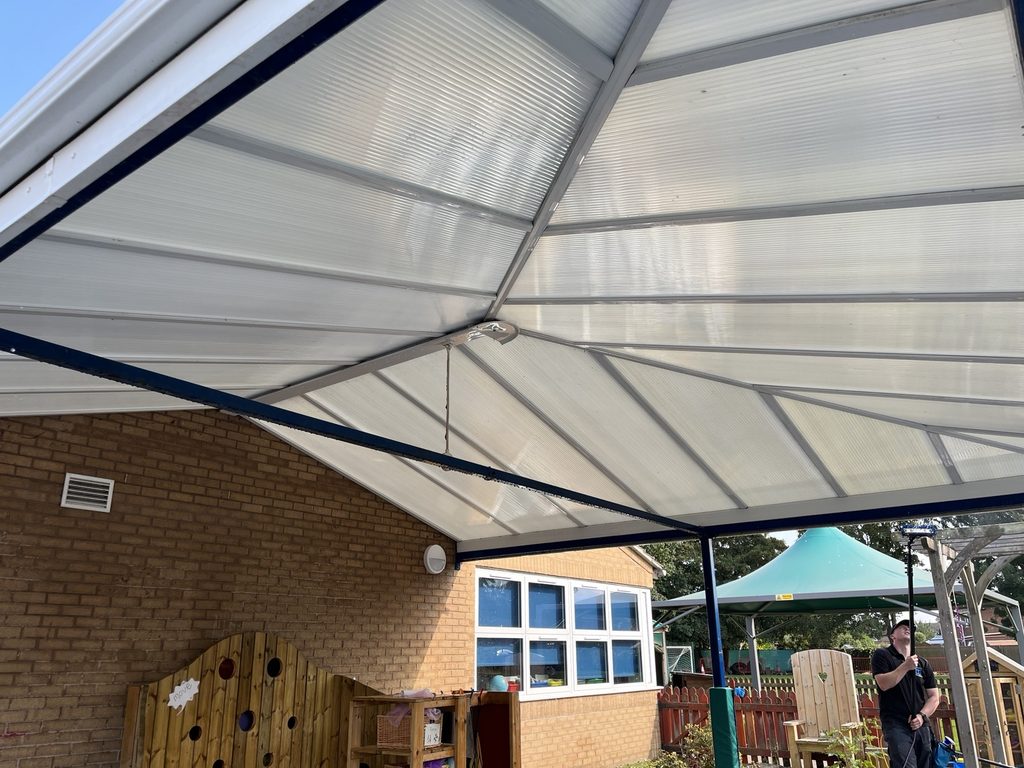 Cleaned polycarbonate canopy roof at a primary school in Spalding, Lincolnshire